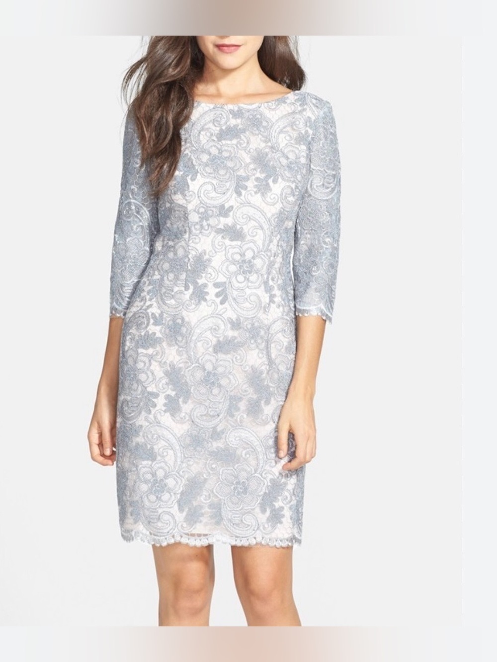 Eliza J Light Gray Lace Sheath Midi Dress